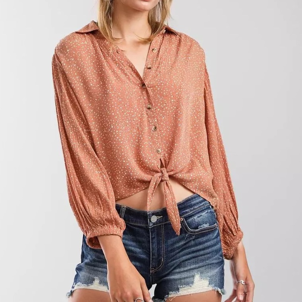 Billabong Easy Beat Blouse Button Down Tie Up Long Sleeve